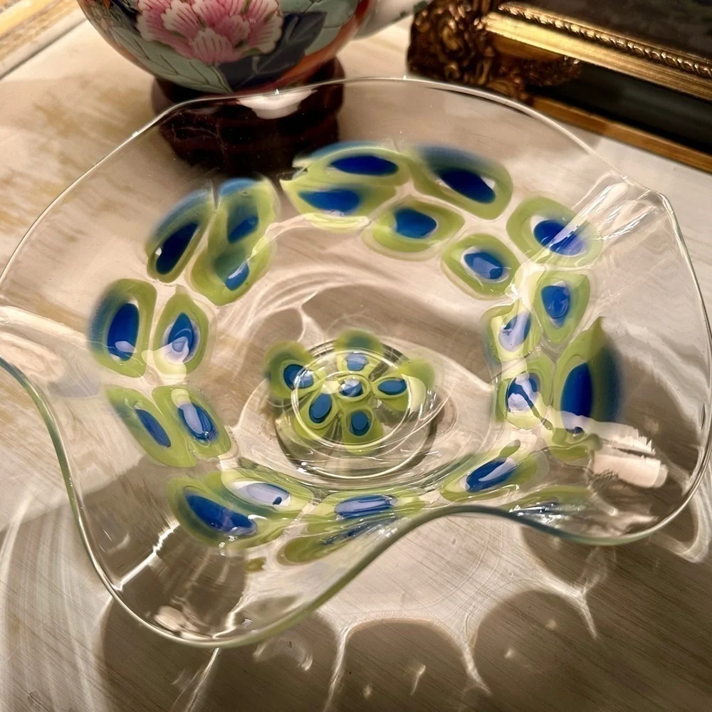 WAVY, CLEAR MIX BOWL WITH BLUE/GREEN DESIGN. HANDMADE. 8 1/4”W X 3 1/2”H